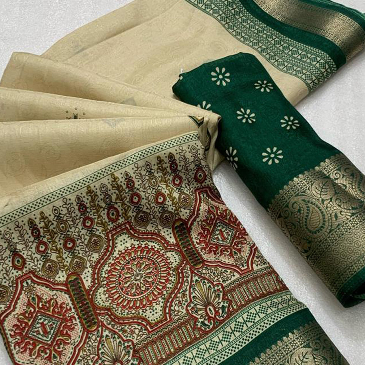 Green Woven Border Saree in Lustrous Dola Silk with Print Accents