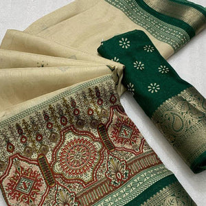 Green Woven Border Saree in Lustrous Dola Silk with Print Accents