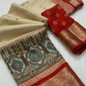 Red Woven Border Saree in Lustrous Dola Silk with Print Accents