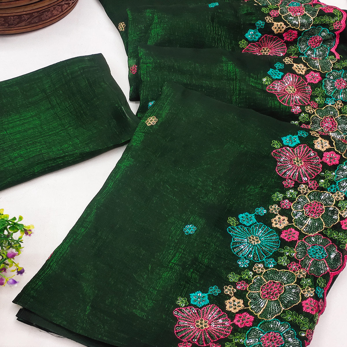 Green Sheer Chiffon Saree with Artistic Floral Sequins Work