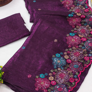 Purple Sheer Chiffon Saree with Artistic Floral Sequins Work
