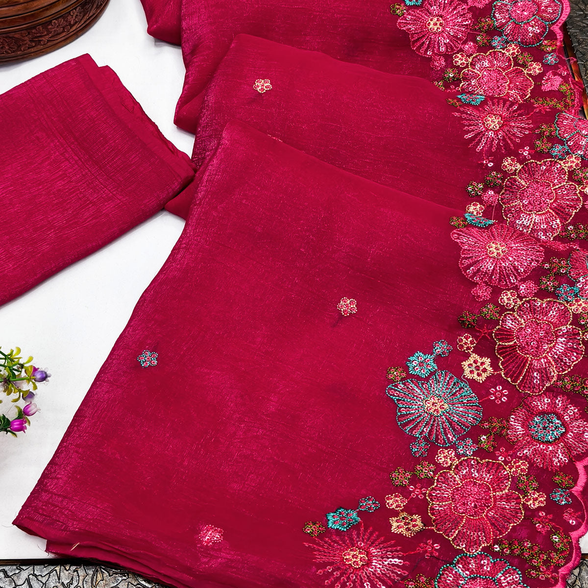 Rani Pink Sheer Chiffon Saree with Artistic Floral Sequins Work