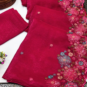 Rani Pink Sheer Chiffon Saree with Artistic Floral Sequins Work