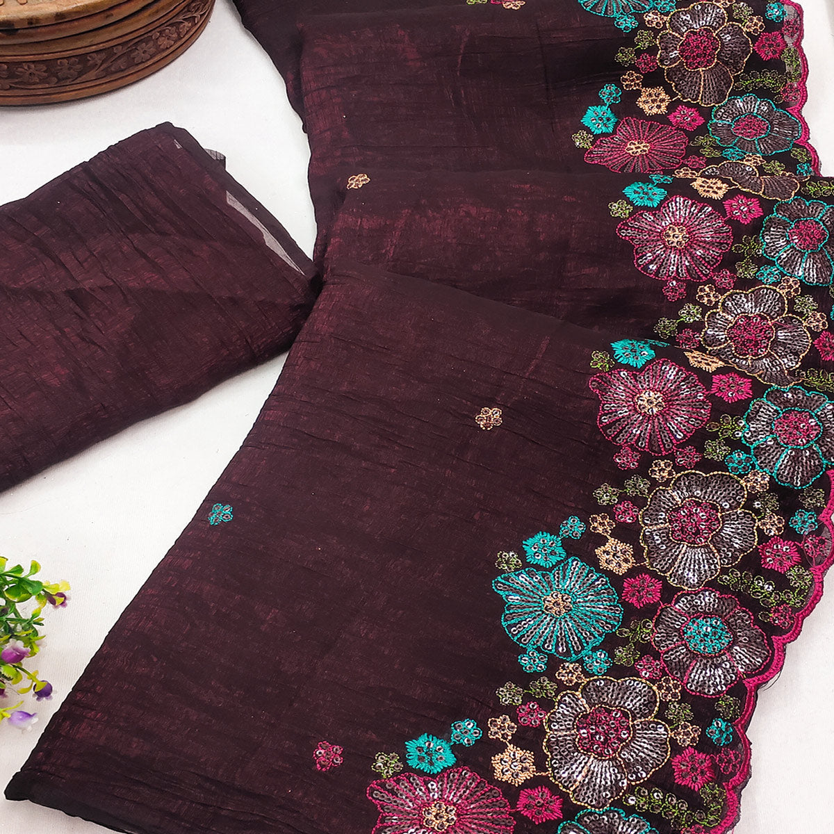 Wine Sheer Chiffon Saree with Artistic Floral Sequins Work