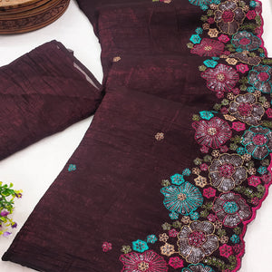 Wine Sheer Chiffon Saree with Artistic Floral Sequins Work