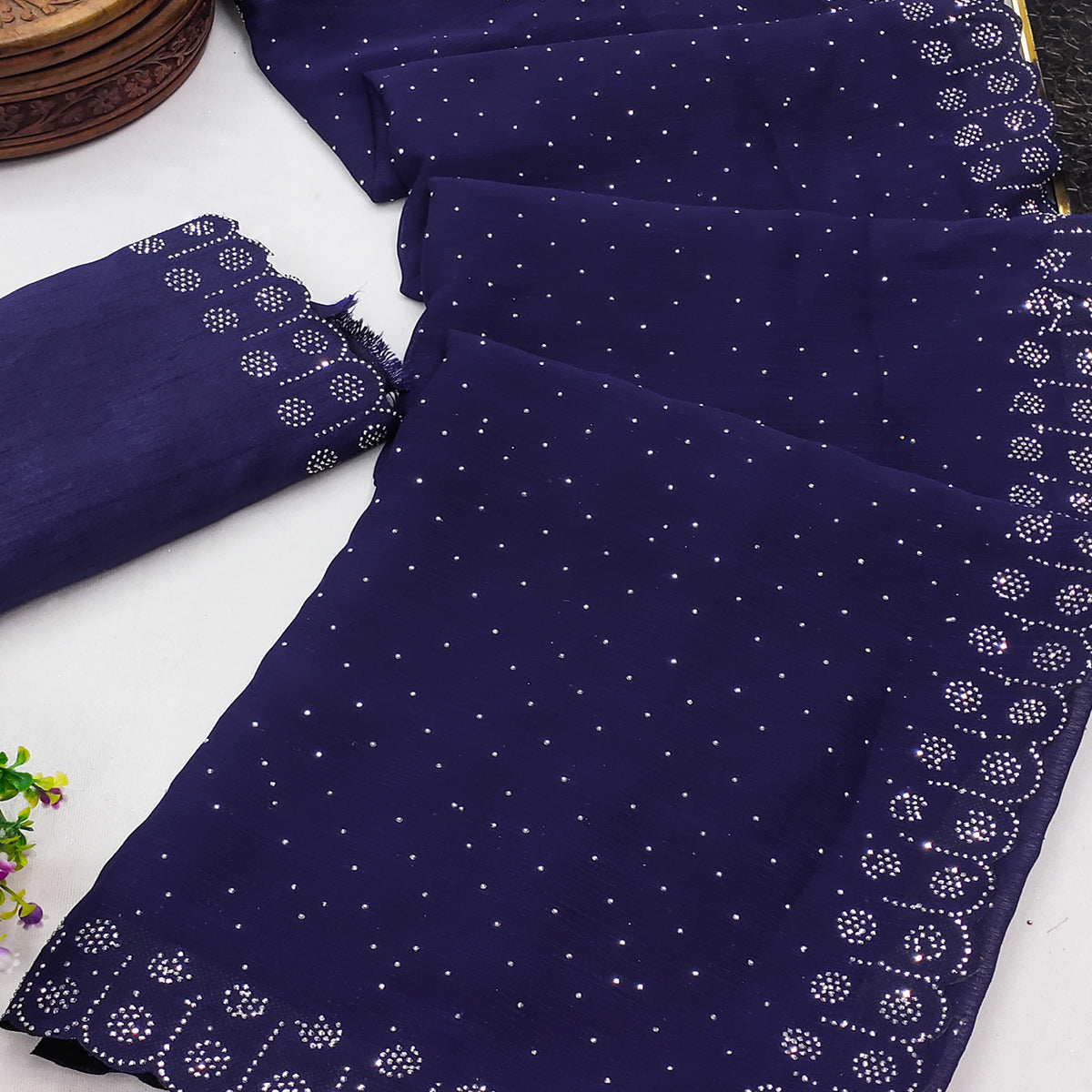 Chiffon Saree in Blue with Sparkling Stone Work Finish