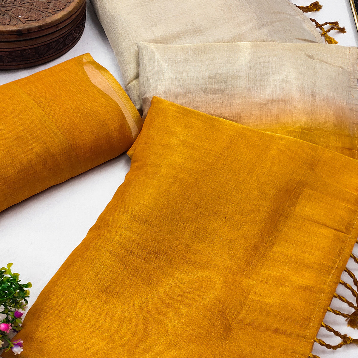 Solid Color Chikoo & Mustard Saree in Art Silk with Decorative Ends