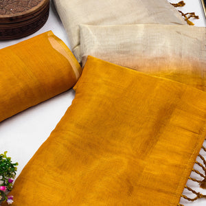 Solid Color Chikoo & Mustard Saree in Art Silk with Decorative Ends