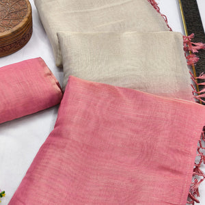Solid Color Chikoo & Pink Saree in Art Silk with Decorative Ends