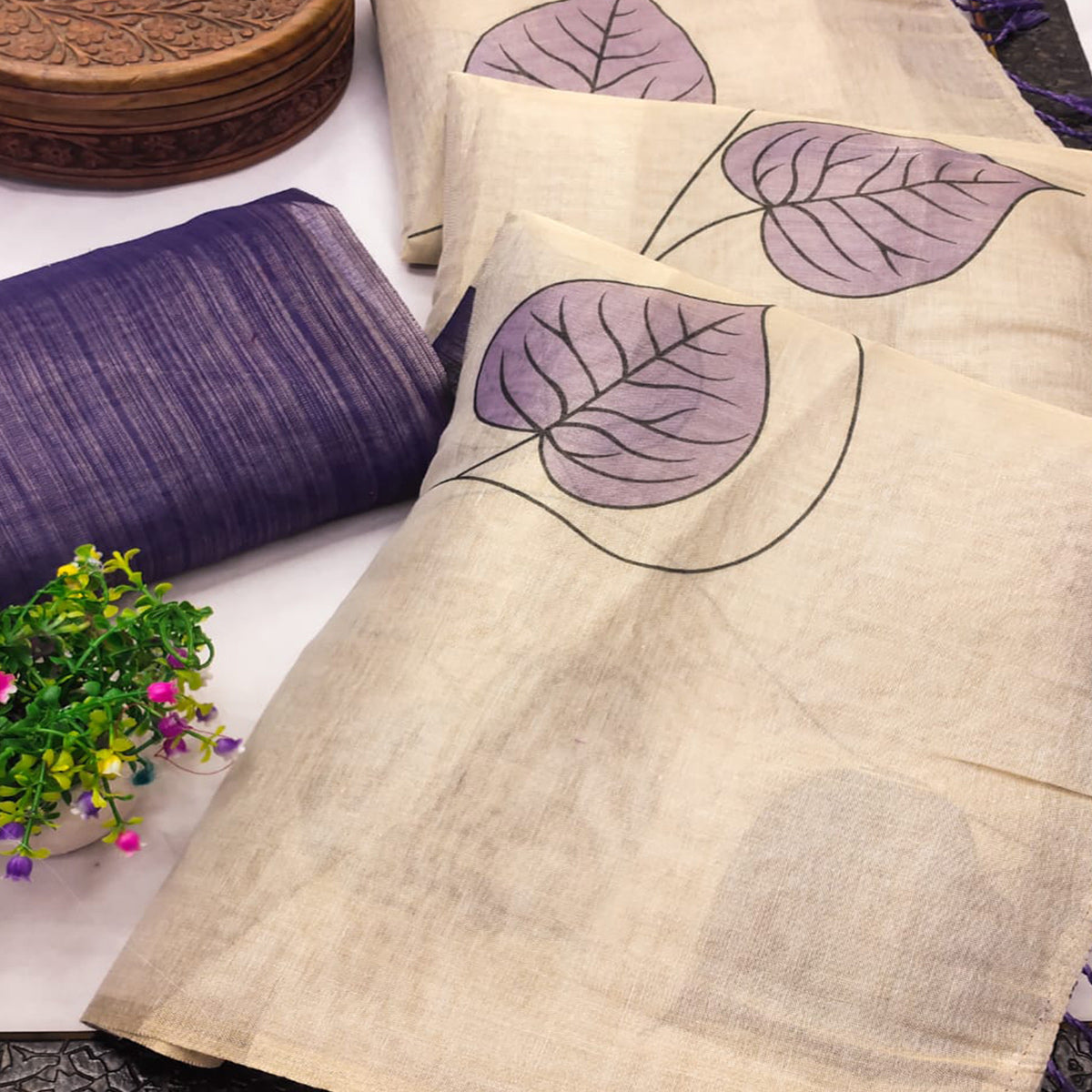 Beige & Violet Saree in Art Silk Featuring Leafy Print & Tassels