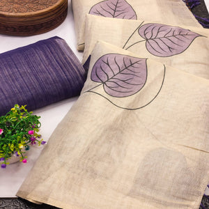 Beige & Violet Saree in Art Silk Featuring Leafy Print & Tassels