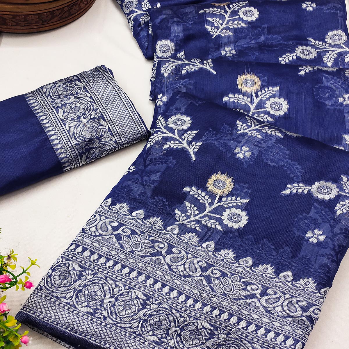 Festive Wear Blue Banarasi Silk Saree with Floral Zari Work
