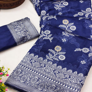 Festive Wear Blue Banarasi Silk Saree with Floral Zari Work