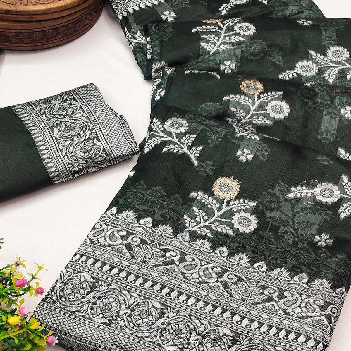 Festive Wear Deep Emerald Green Banarasi Silk Saree with Floral Zari Work