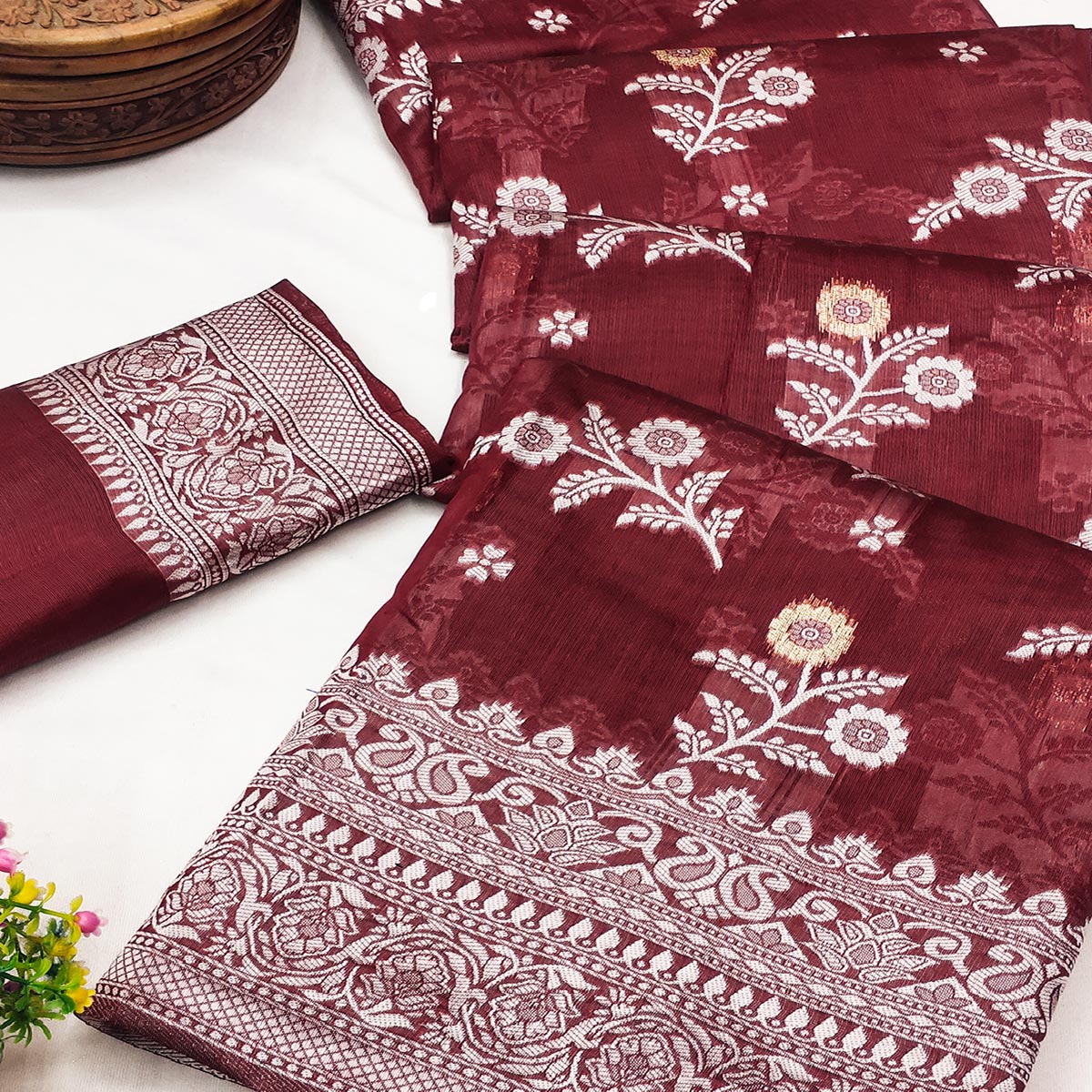 Festive Wear Maroon Banarasi Silk Saree with Floral Zari Work