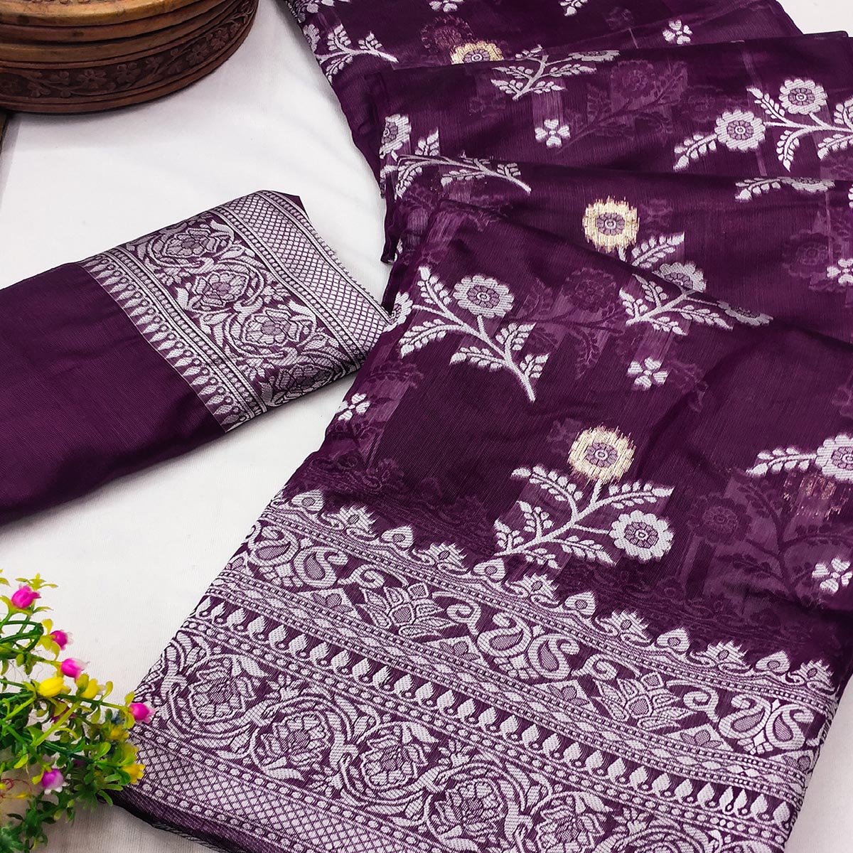 Festive Wear Purple Banarasi Silk Saree with Floral Zari Work