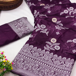 Festive Wear Purple Banarasi Silk Saree with Floral Zari Work