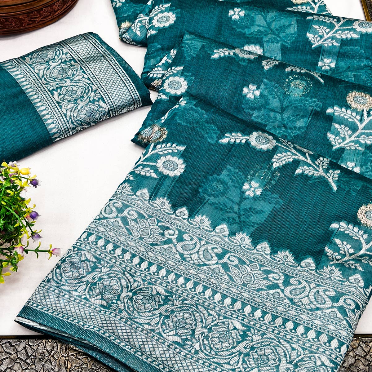 Festive Wear Rama Blue Banarasi Silk Saree with Floral Zari Work