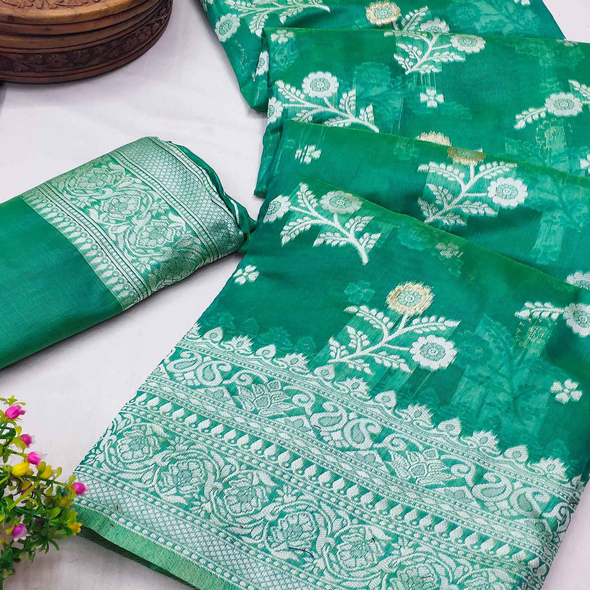 Festive Wear Rama Green Banarasi Silk Saree with Floral Zari Work