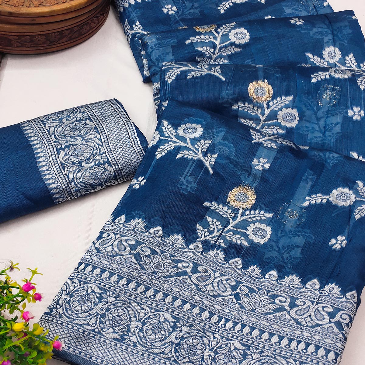 Festive Wear Teal Banarasi Silk Saree with Floral Zari Work