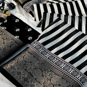 White & Black Woven Border Striped Print Dola Silk Saree for Festive Wear