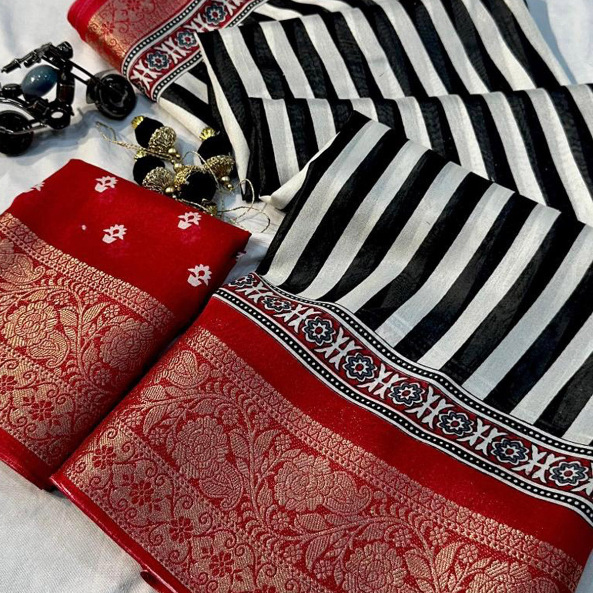 White & Red Woven Border Striped Print Dola Silk Saree for Festive Wear