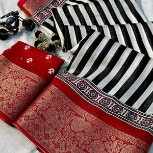 White & Red Woven Border Striped Print Dola Silk Saree for Festive Wear