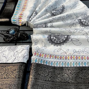 White Woven Border Floral Print Dola Silk Saree for Festive Wear