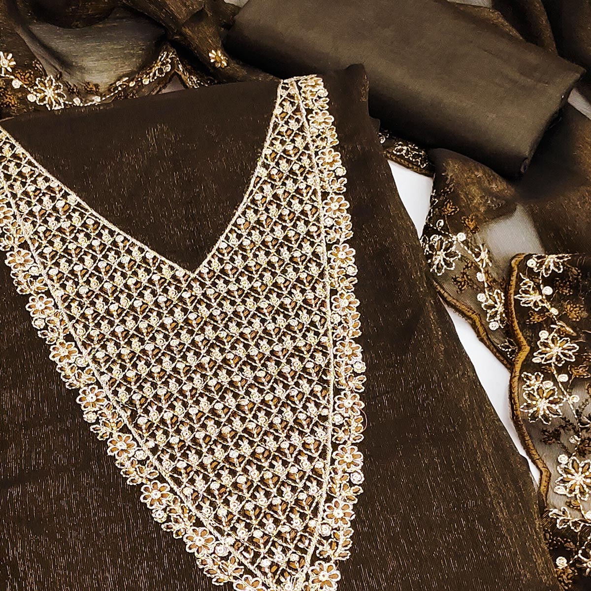 Deep Brown Party Wear Shimmer Dress Material with Floral Embellishment