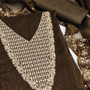 Deep Brown Party Wear Shimmer Dress Material with Floral Embellishment