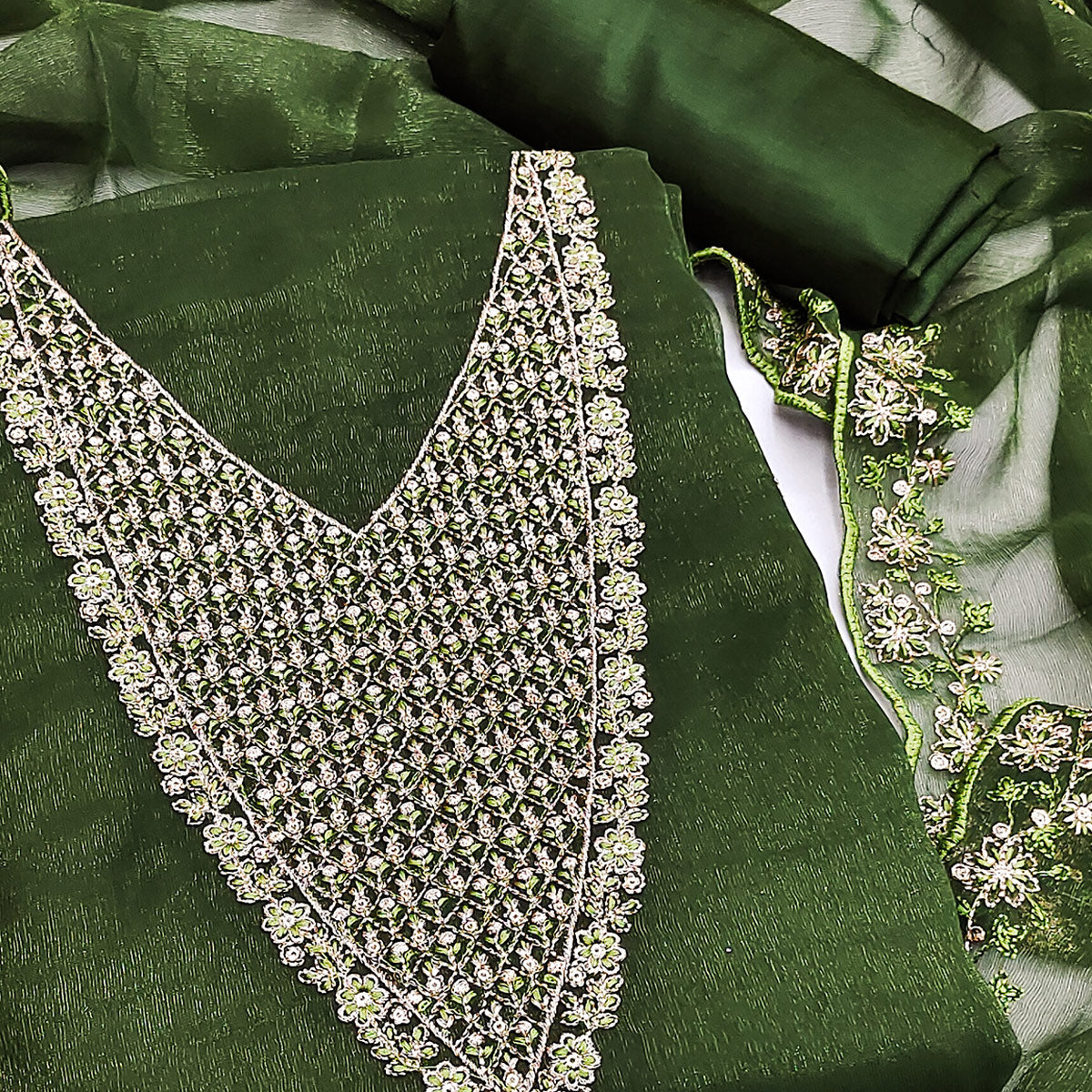 Green Party Wear Shimmer Dress Material with Floral Embellishment