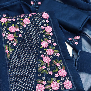 Blue Unstitched Shimmer Dress Material with Stylish Floral Embellishment