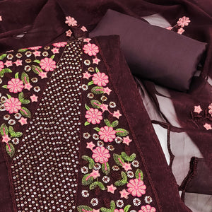 Coffee Brown Unstitched Shimmer Dress Material with Stylish Floral Embellishment