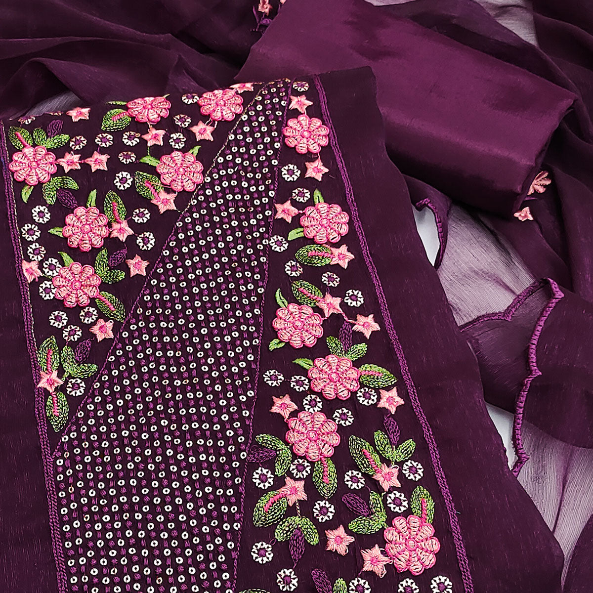 Dark Purple Unstitched Shimmer Dress Material with Stylish Floral Embellishment
