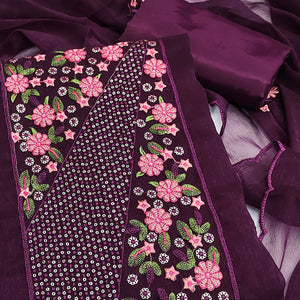 Dark Purple Unstitched Shimmer Dress Material with Stylish Floral Embellishment