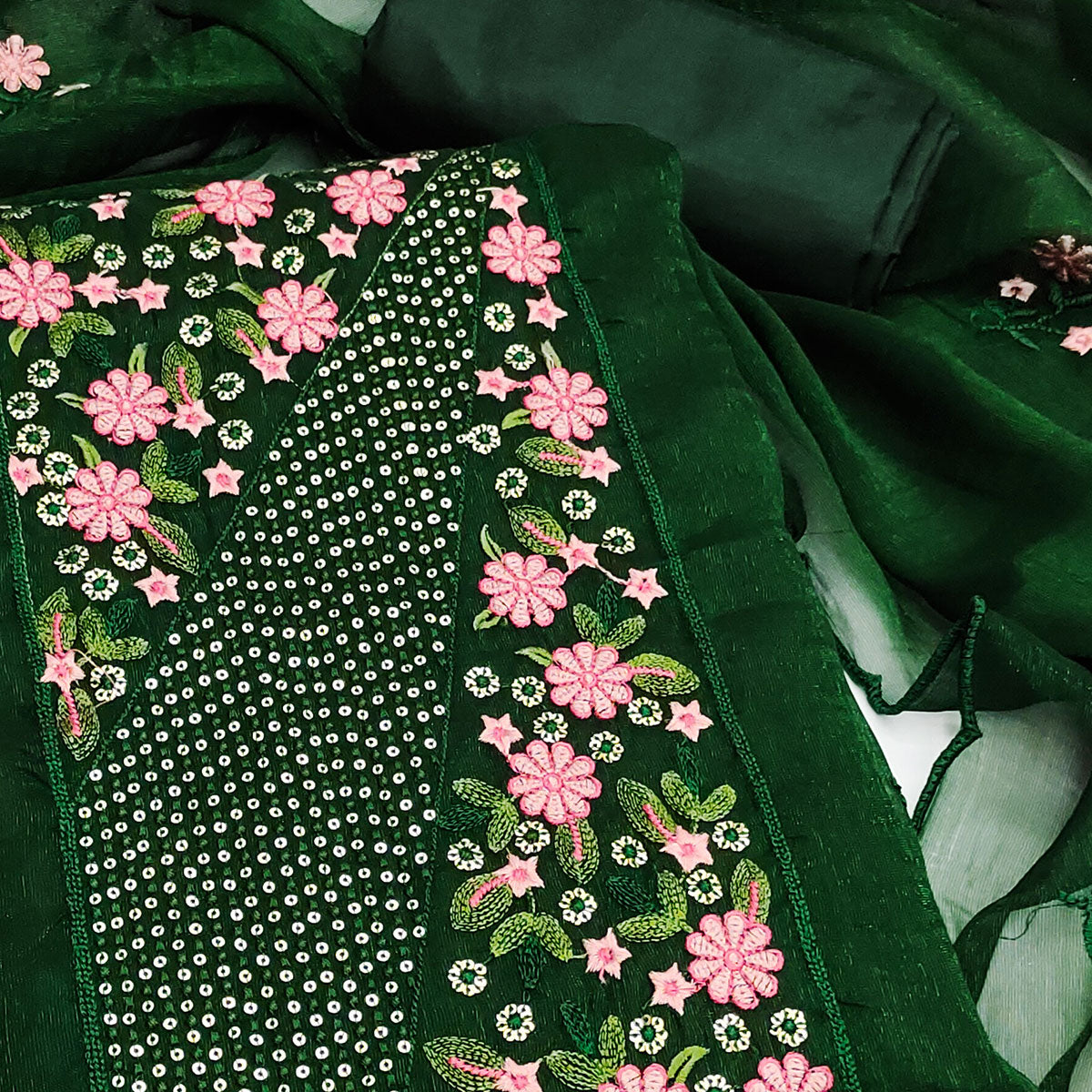 Green Unstitched Shimmer Dress Material with Stylish Floral Embellishment