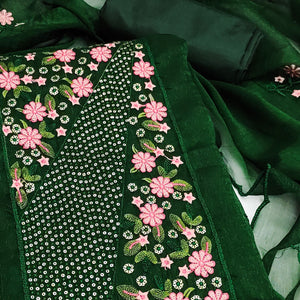 Green Unstitched Shimmer Dress Material with Stylish Floral Embellishment