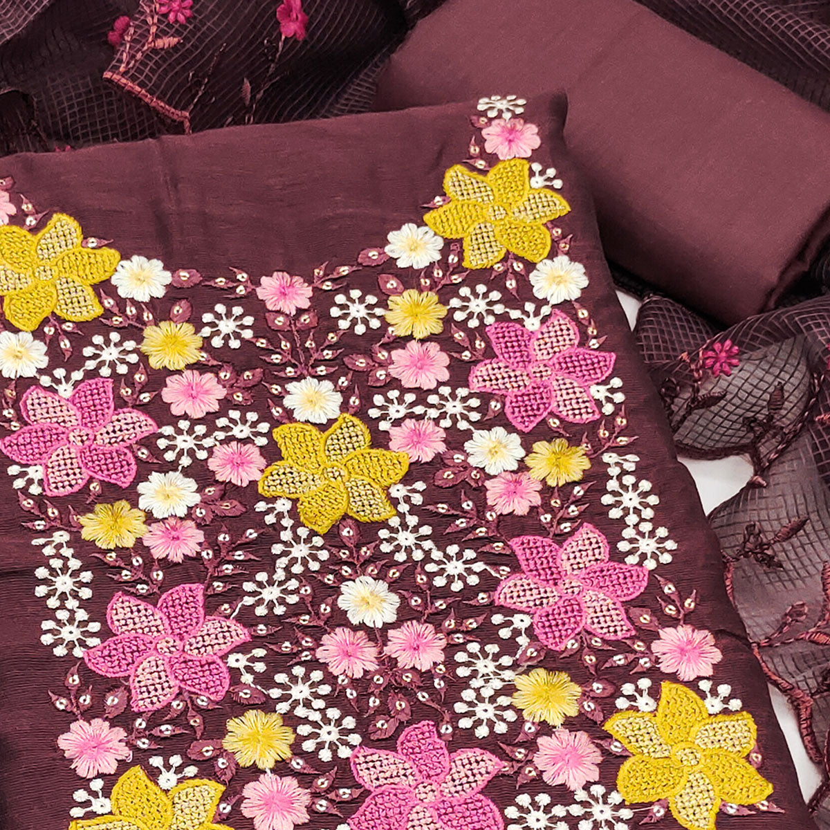 Brown Cotton Blend Unstitched Dress Fabric Featuring Delicate Floral Embroidery