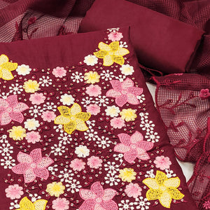 Maroon Cotton Blend Unstitched Dress Fabric Featuring Delicate Floral Embroidery