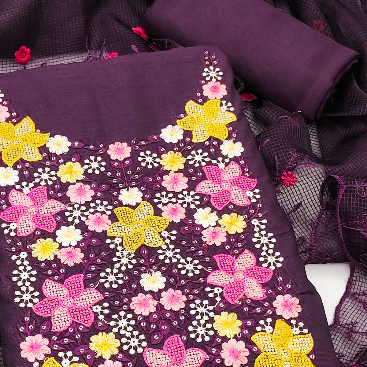 Wine Cotton Blend Unstitched Dress Fabric Featuring Delicate Floral Embroidery