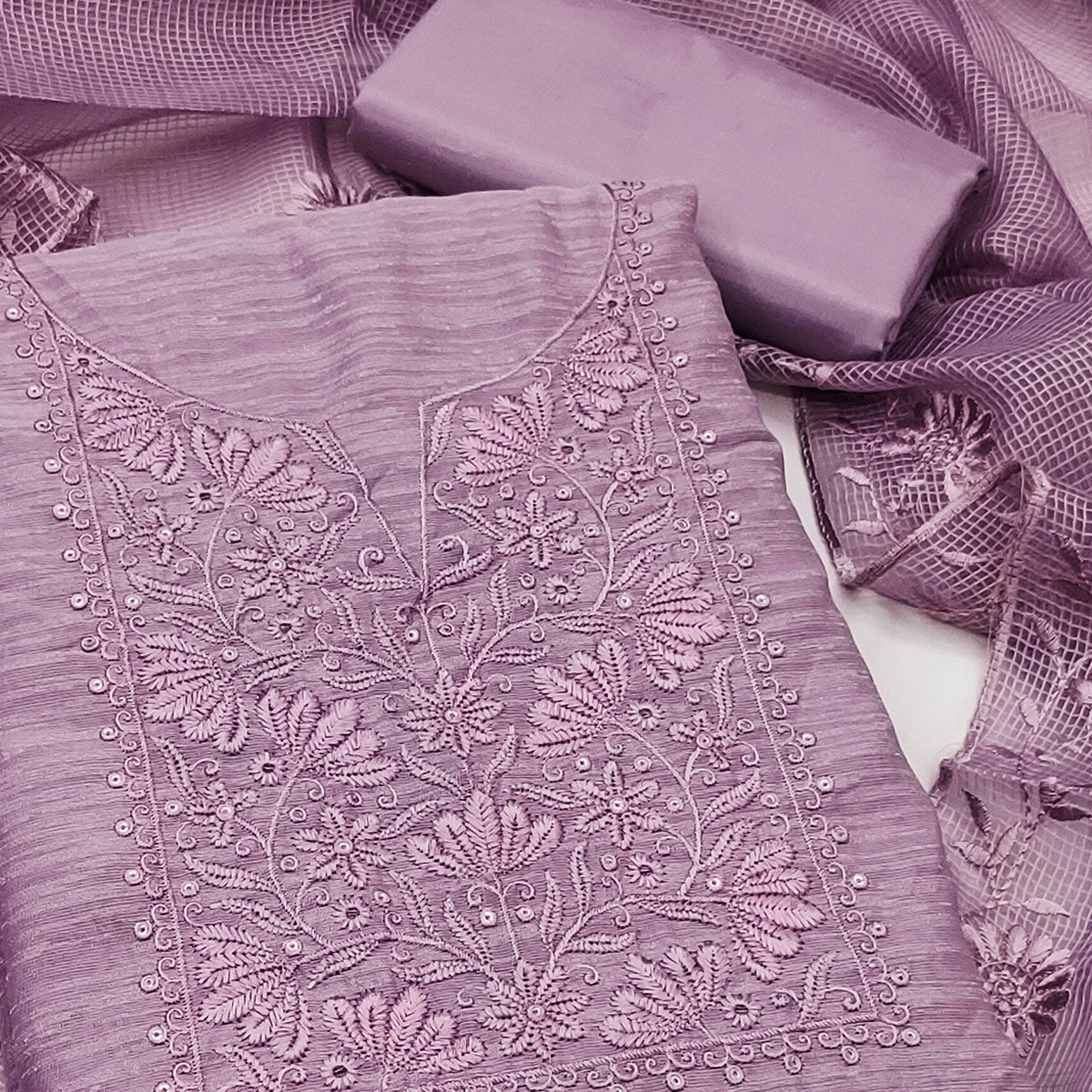 Festive Wear Lavender Floral Embroidered Unstitched Cotton Blend Dress Material