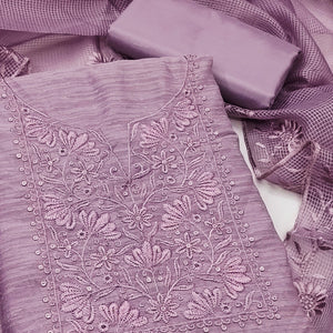 Festive Wear Lavender Floral Embroidered Unstitched Cotton Blend Dress Material