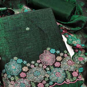 Festive Unstitched Green Cotton Blend Dress Material with Floral Embroidery