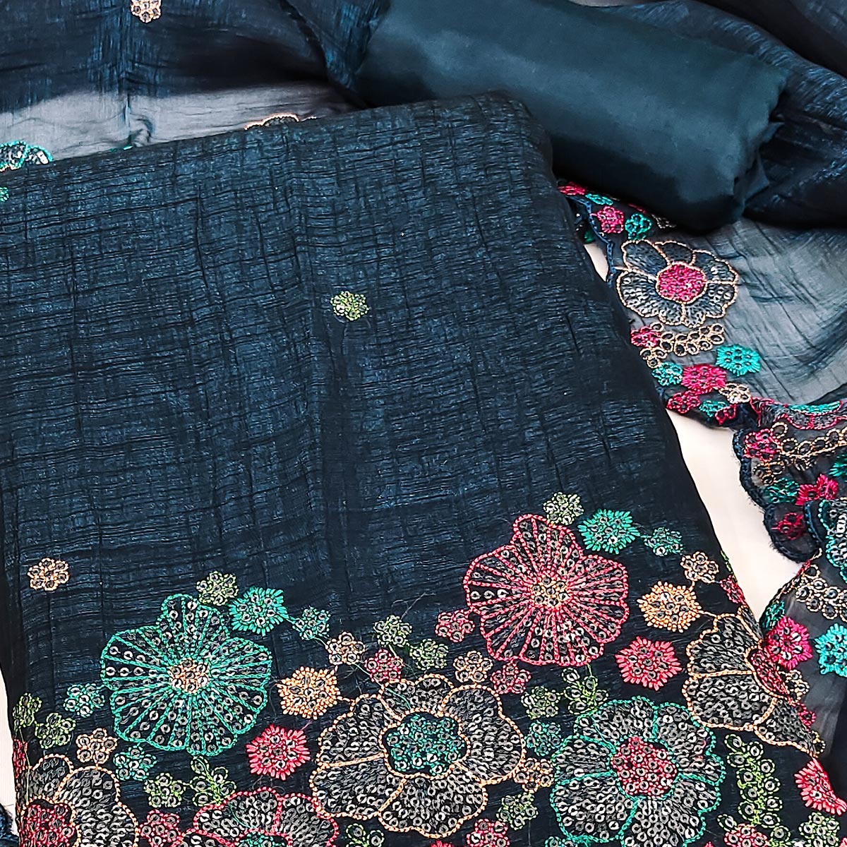 Festive Unstitched Morpich Blue Cotton Blend Dress Material with Floral Embroidery