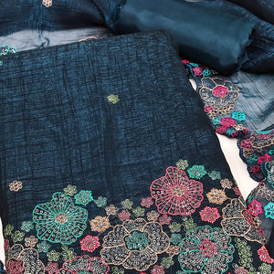 Festive Unstitched Morpich Blue Cotton Blend Dress Material with Floral Embroidery