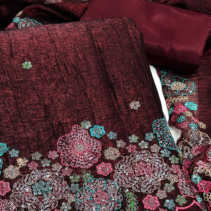 Festive Unstitched Wine Cotton Blend Dress Material with Floral Embroidery
