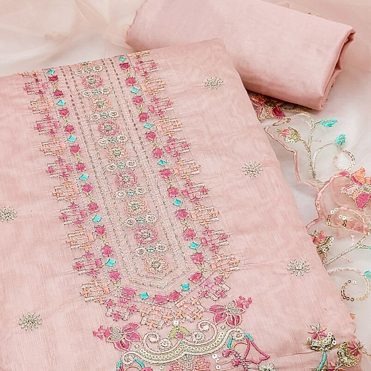 Peach Unstitched Chanderi Silk Dress Material with Delicate Sequins Work