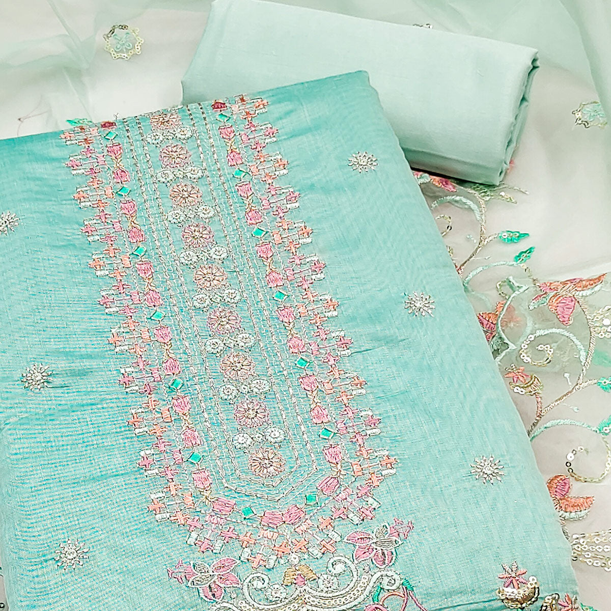 Turquoise Unstitched Chanderi Silk Dress Material with Delicate Sequins Work