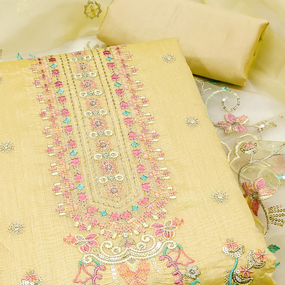 Yellow Unstitched Chanderi Silk Dress Material with Delicate Sequins Work