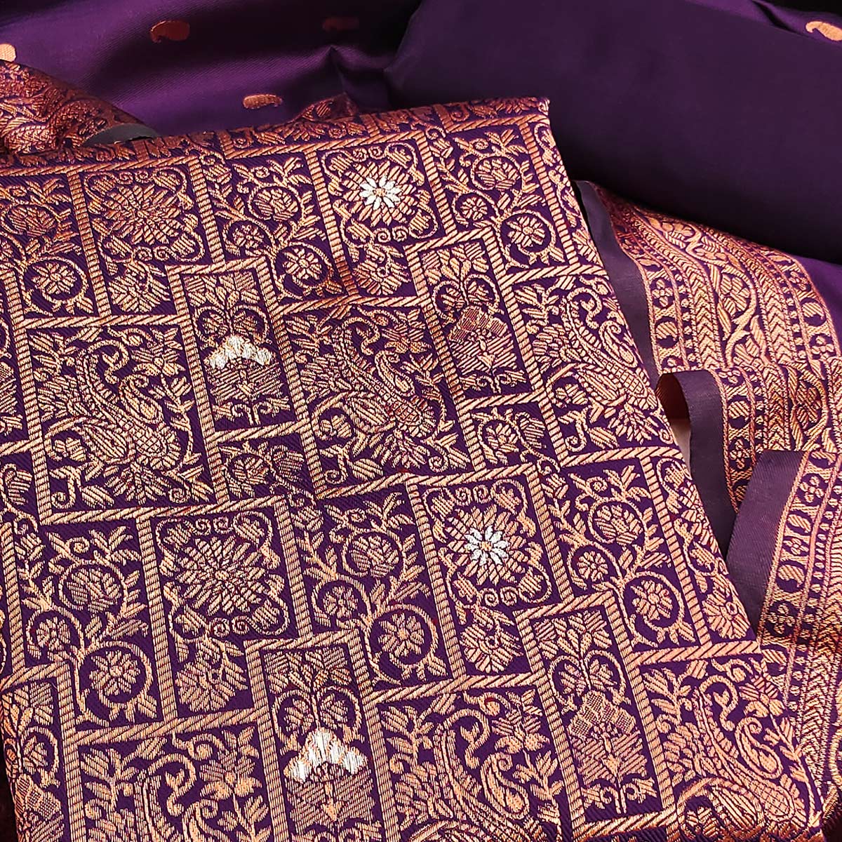 Dark Purple Banarasi Silk Dress Material With Heavy Zari Weaving